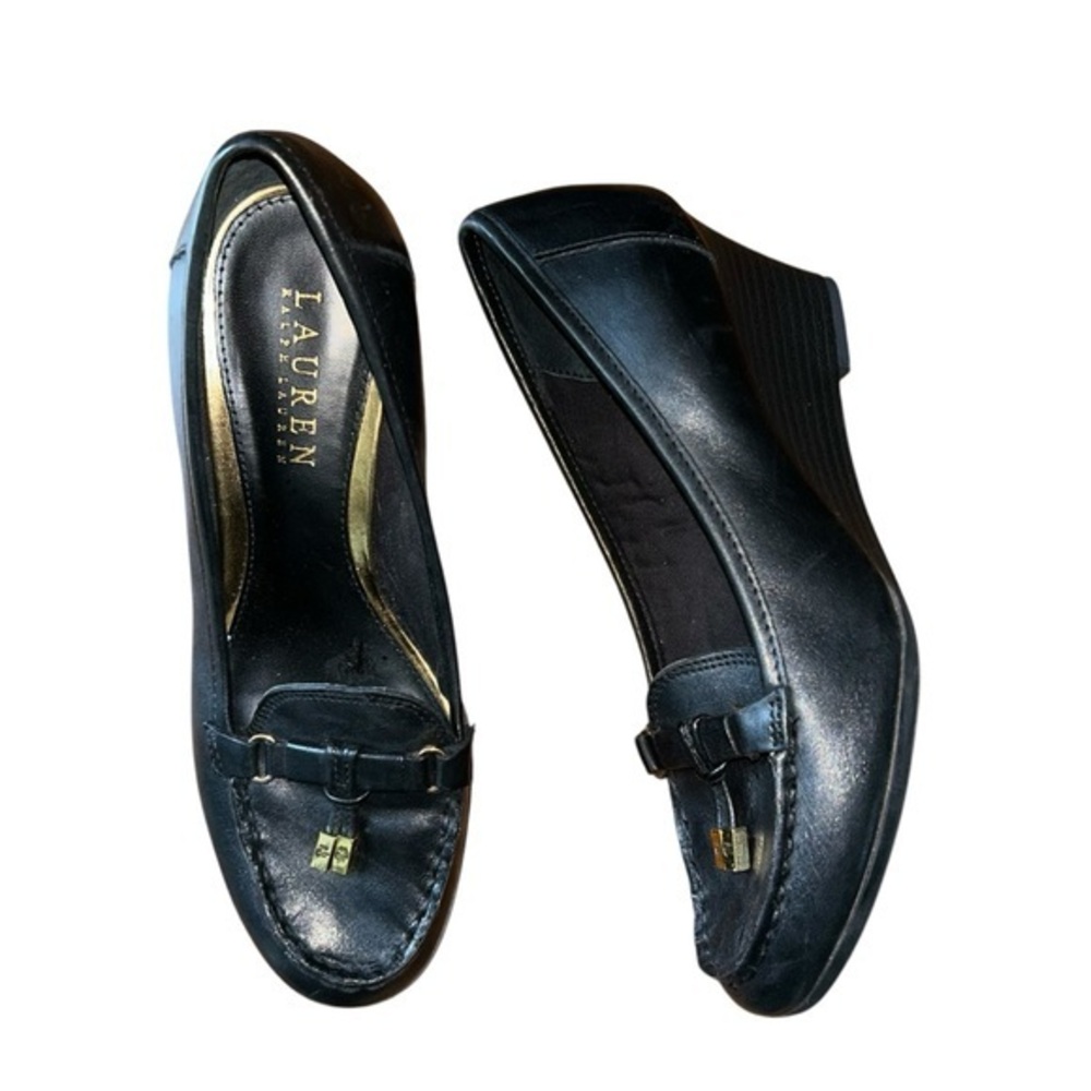 Lauren Ralph Lauren Womens Rory Black Leather Wedge Tassel Loafers Size 6.5‎